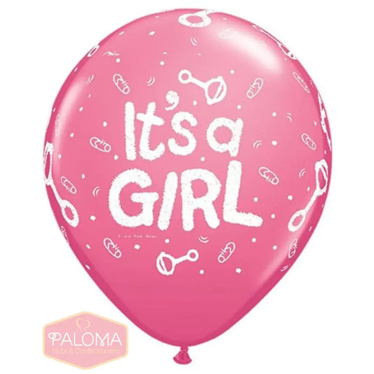 Pink balloon with ’It’s a GIRL’ text and baby-related symbols printed on it.