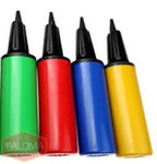 Four colorful balloon pumps in green, red, blue, and yellow with black nozzles.