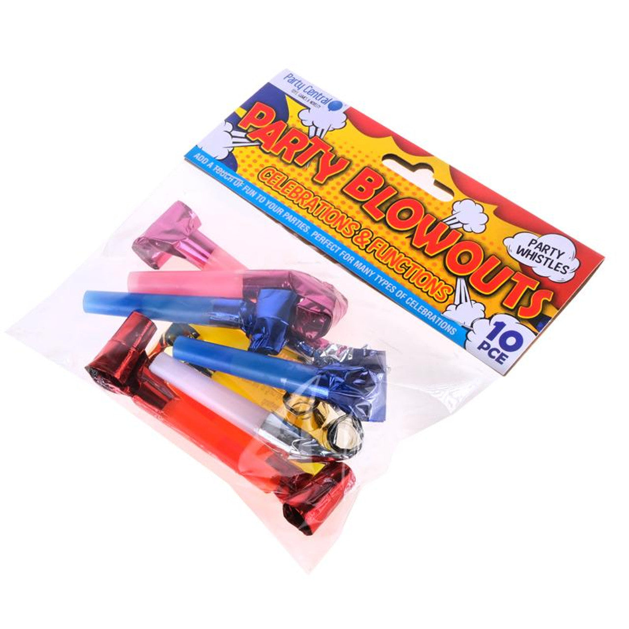 Package of colorful party blowouts or noisemakers.