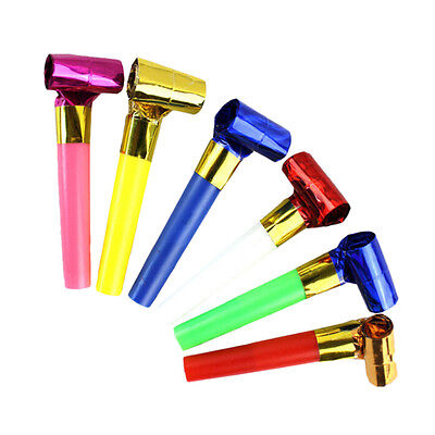 Colorful party noisemakers or blowers with metallic ends.