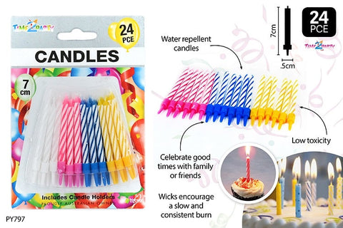 Pack of colorful birthday candles with holders.