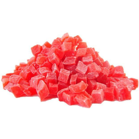 Pile of diced red watermelon cubes.