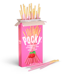 Pink box of Pocky strawberry-flavored biscuit sticks with some sticks protruding from the top.