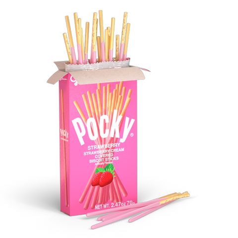 Pink box of Pocky strawberry-flavored biscuit sticks with some sticks protruding from the top.