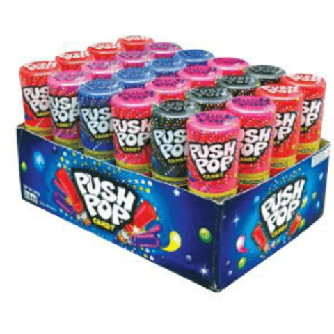 Box of Push Pop lollipops in various flavors and colors.