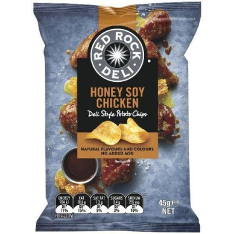 Bag of Red Rock Deli Honey Soy Chicken flavored potato chips.