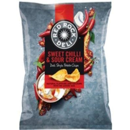 Bag of Red Rock Deli Sweet Chilli & Sour Cream flavored potato chips.