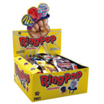 Box of Ring Pop candy with colorful lollipop rings displayed on top.