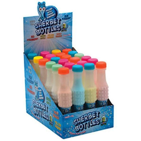 Display box filled with colorful sherbet-filled plastic bottles.