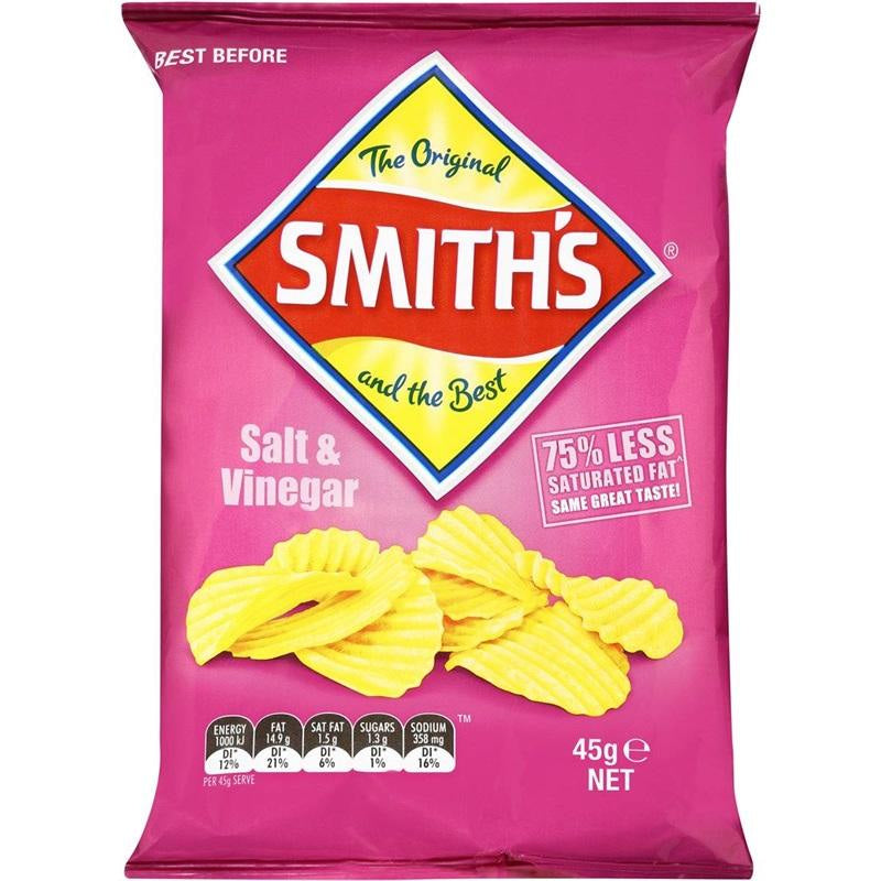 Bag of Smith’s Salt & Vinegar flavored potato chips with 75% less saturated fat.