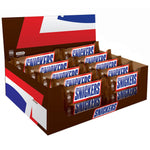 Box of Snickers chocolate bars arranged in rows.