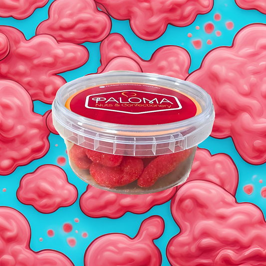 Clear plastic container of red candies or gummies labeled ’Paloma’.