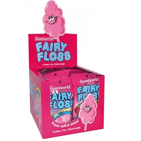 Pink display box for ’Fairy Floss’ cotton candy with a smiling cartoon floss character on top.