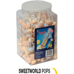 Clear plastic jar filled with colorful lollipops labeled ’Sweetworld Pops’.