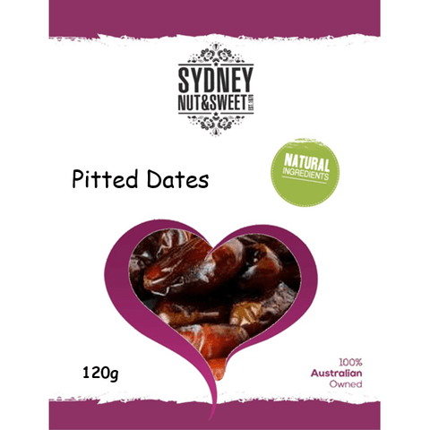 Package of pitted dates from Sydney Nut & Sweet with a heart-shaped window showing the product.