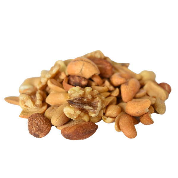 A pile of mixed nuts including almonds, cashews, and walnuts.