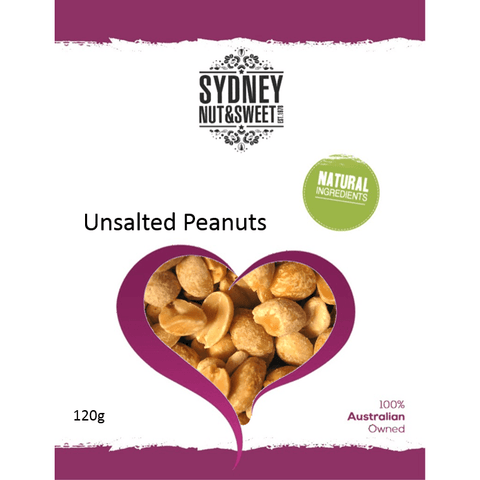 Package of unsalted peanuts from Sydney Nut & Sweet with a heart-shaped window showing the product.