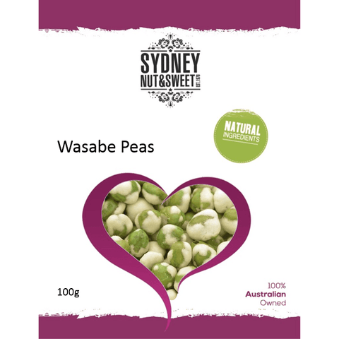 Package of wasabe peas from Sydney Nut & Sweet featuring a heart-shaped window showing the product.