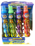 Colorful spray bottles of ’Mega Sour Squirter’ candy in a product display box.