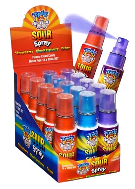 Display box containing colorful spray bottles of sour candy flavoring.