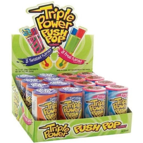 Display box of Triple Power Push Pop candy containers in various flavors.