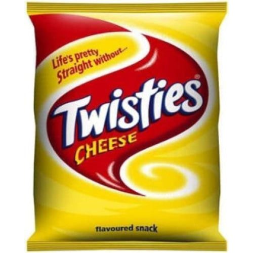 A bag of Twisties cheese-flavored snacks with red and yellow packaging.