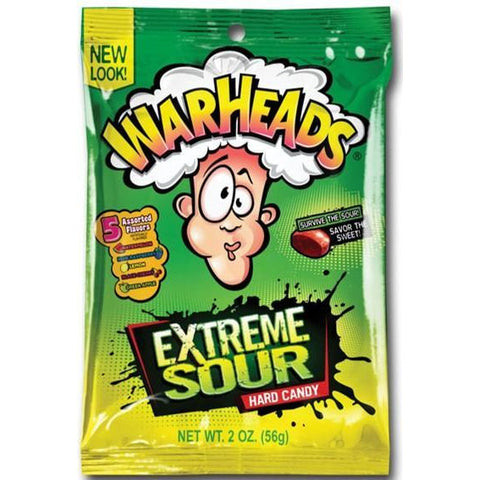 A bag of Warheads Extreme Sour hard candy with a cartoon face on the packaging.