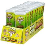 Display box containing multiple containers of Warheads Juniors sour candy.