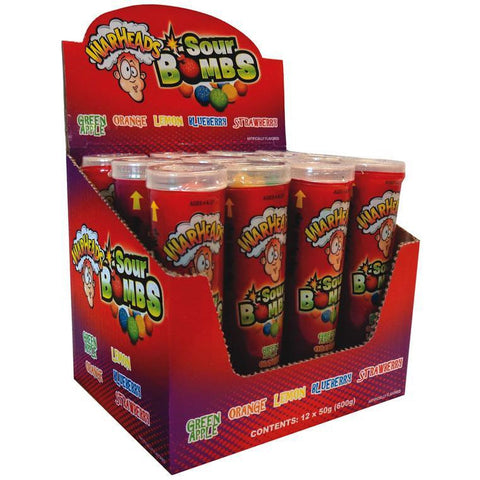 Display box containing tubes of Warheads Sour Bombs candy in various flavors.