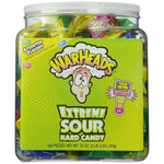 Container of Warheads Extreme Sour hard candy with assorted flavors.