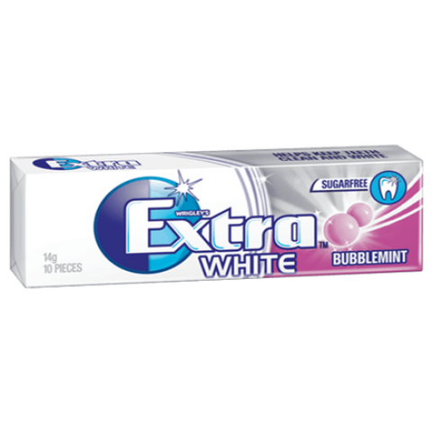 Pack of Extra White bubblemint sugar-free chewing gum.