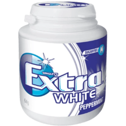 Plastic container of Extra White Peppermint chewing gum.