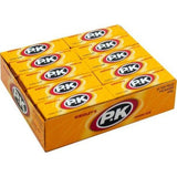 Box of PK chewing gum packs with bright yellow packaging.