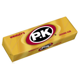 Pack of Wrigley’s P.K. chewing gum in a yellow wrapper.