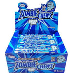 Display box of Zombie Chews candy in blue packaging featuring a cartoon zombie face.