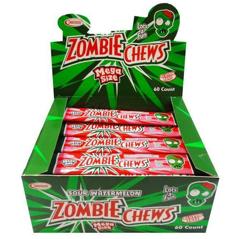 Box of Zombie Chews sour watermelon-flavored candy in mega size.